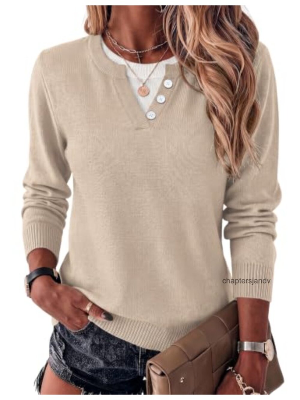 Women's Lightweight Knit Pullover Sweater Faux Layered Button Accent